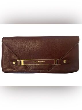 Isaac Mizrahi Burgundy Pebbled Leather Foldover Clutch with Gold Accent